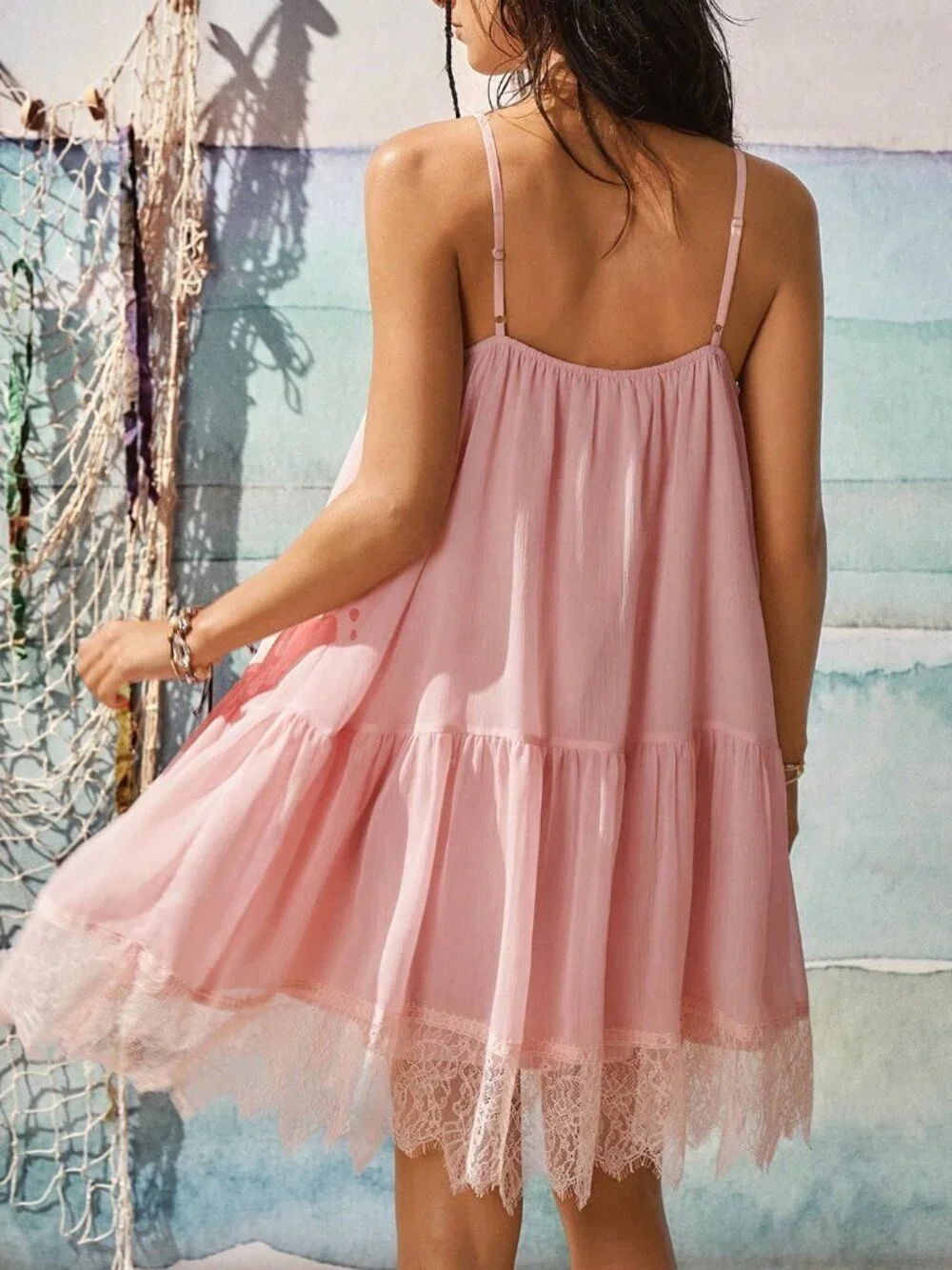 Pink Boho Women's Elegant Slip Dress With Contrast Lace
